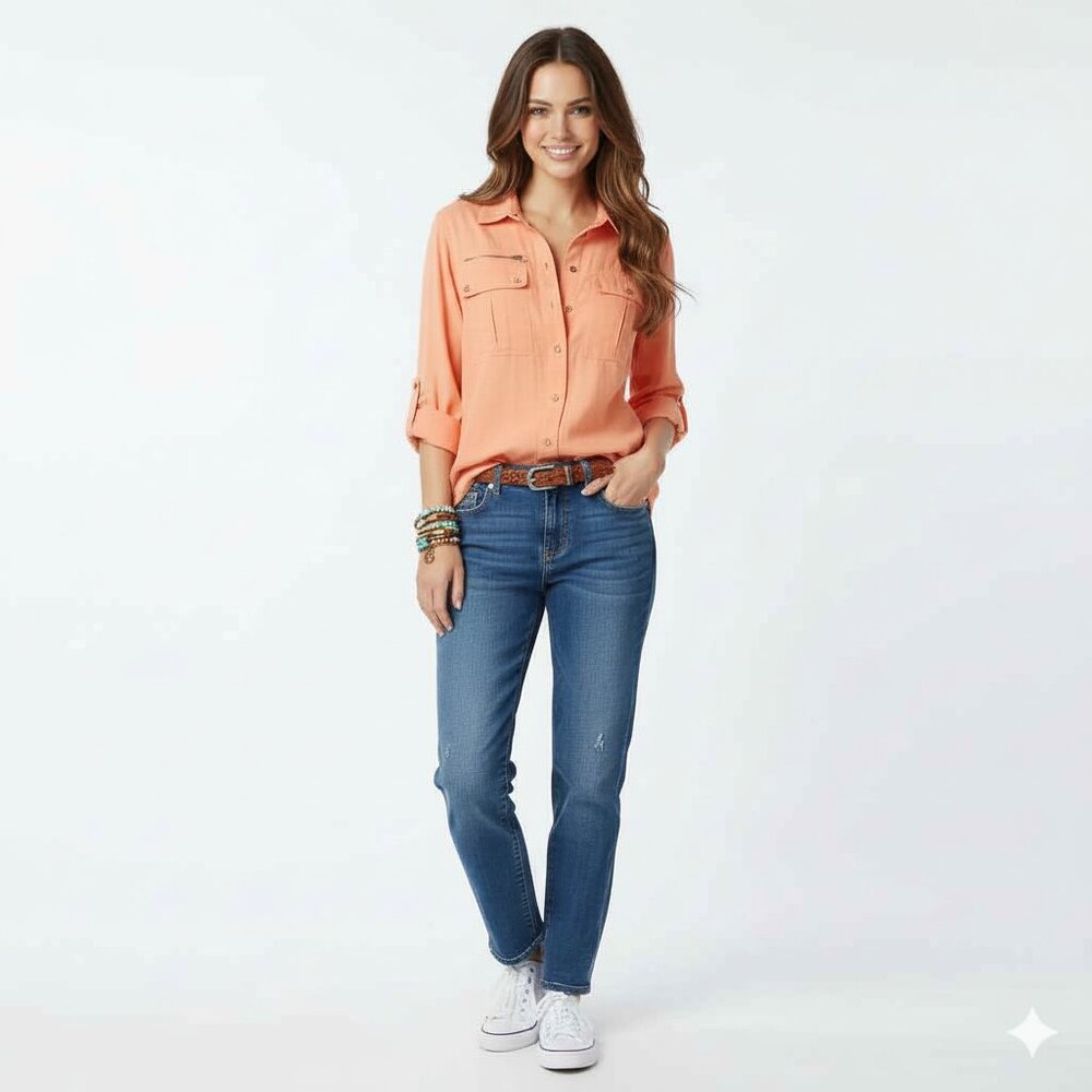 Chico's Vibrant Orange Snap Front Multi-Pocket Utility Shirt Sz 0/S 100% Cotton